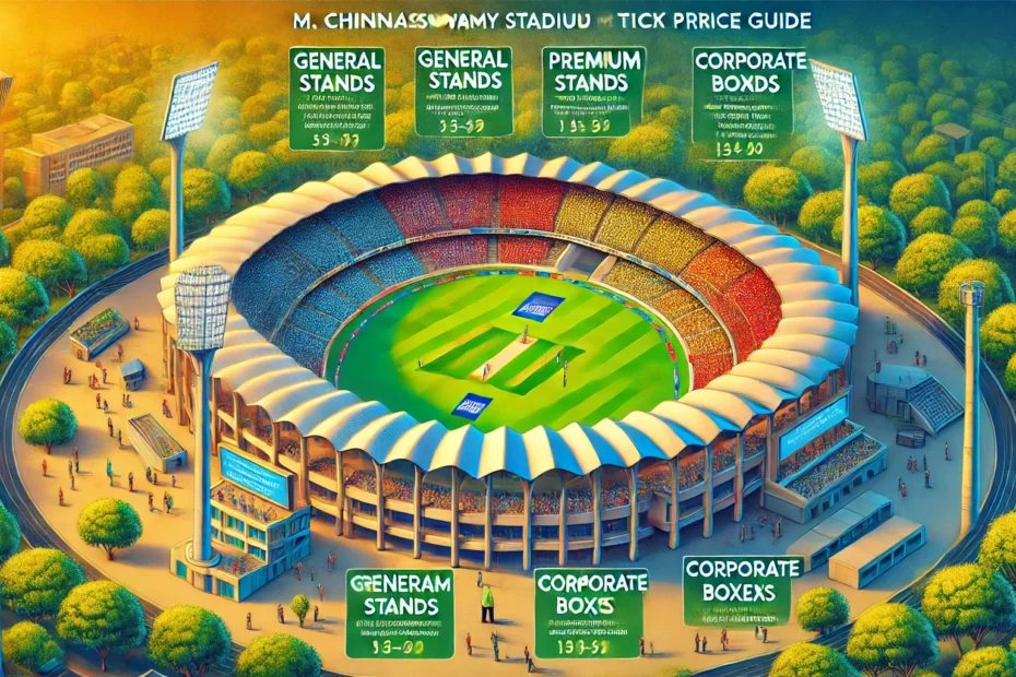 DALLE 2024-12-27 162150 - A vibrant illustration of M Chinnaswamy Stadium in Bengaluru India with a detailed view of the seating arrangement including labeled sections for Indibet Betting and Casino